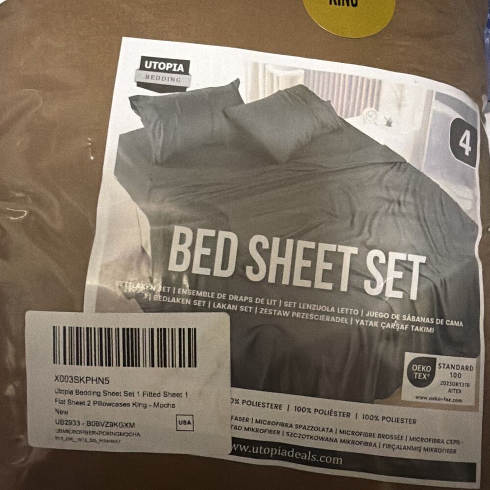 King Sheets Set, 4 Pieces 16" Deep Pocket Hotel Luxury Bed Sheets, Mocha - Picture 7 of 7